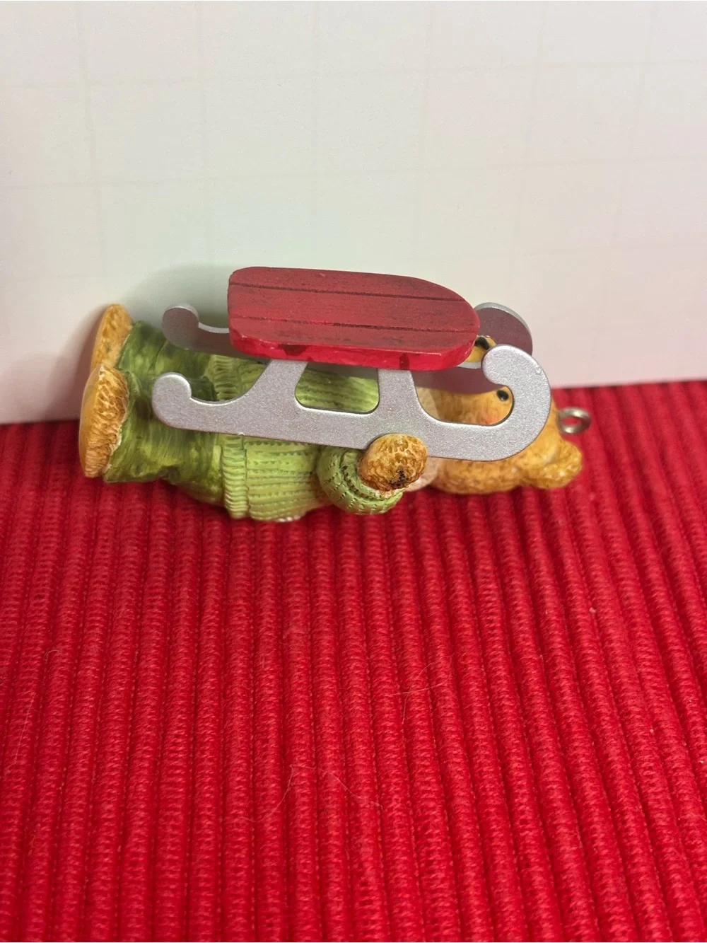 Hallmark Dexter Next Bear Ornament in Green Sweater with Red Sled